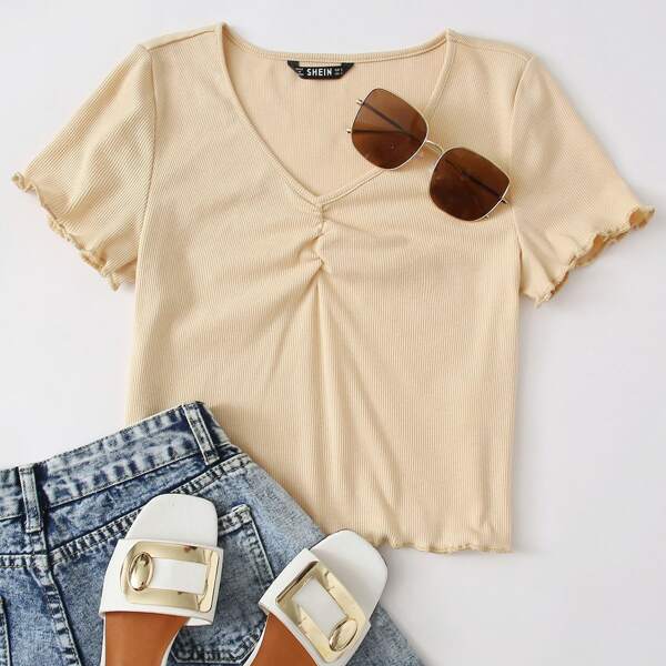 

V-neck Lettuce Trim Rib-knit Tee, Apricot