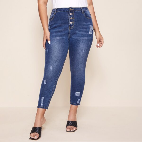 

Plus Ripped Single Breasted Jeans, Dark wash