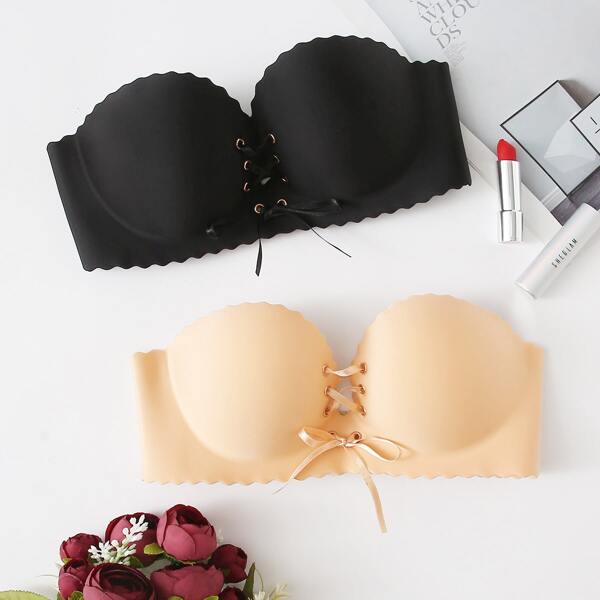 

2pack Lace-up Front Seamless Bra Set, Multicolor