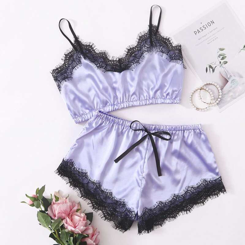 

Lace Trim Satin Lingerie Set, Pastel lilac purple