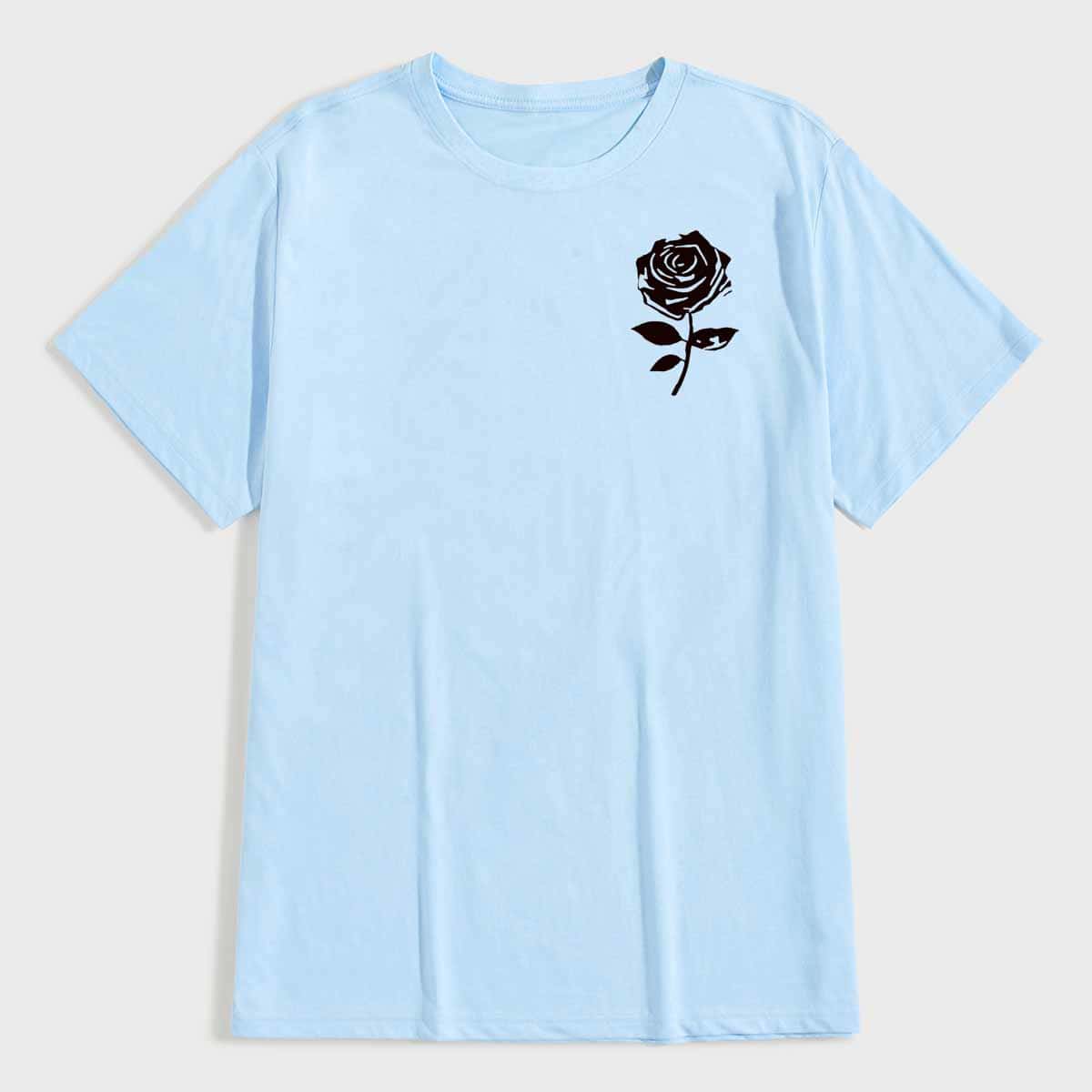 

Men Rose Print Crew Neck Tee, Baby blue