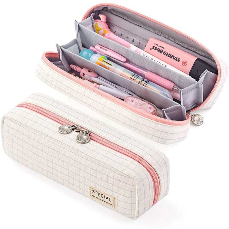 

1pc Plaid Multi-grid Pencil Case, White