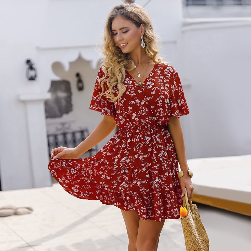 

Floral Surplice Neck A-line Dress, Burgundy