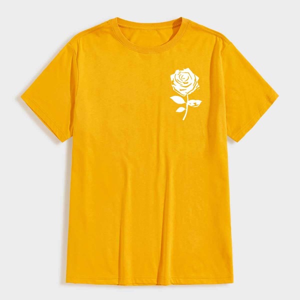 

Men Rose Print Short Sleeve Tee, Mustard yellow