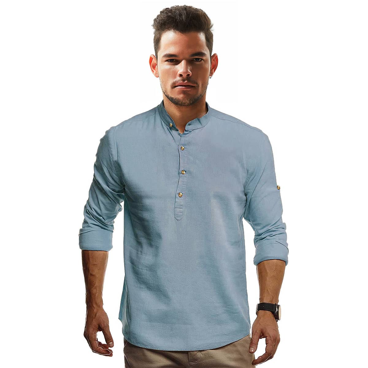 

Men Half Button Stand Collar Shirt, Dusty blue