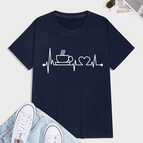 

Men Cup And Heart Print Short Sleeve Tee, Navy blue