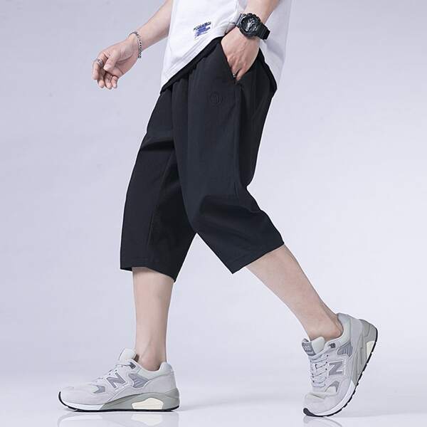 

Men Letter Embroidery Slant Pocket Shorts, Black