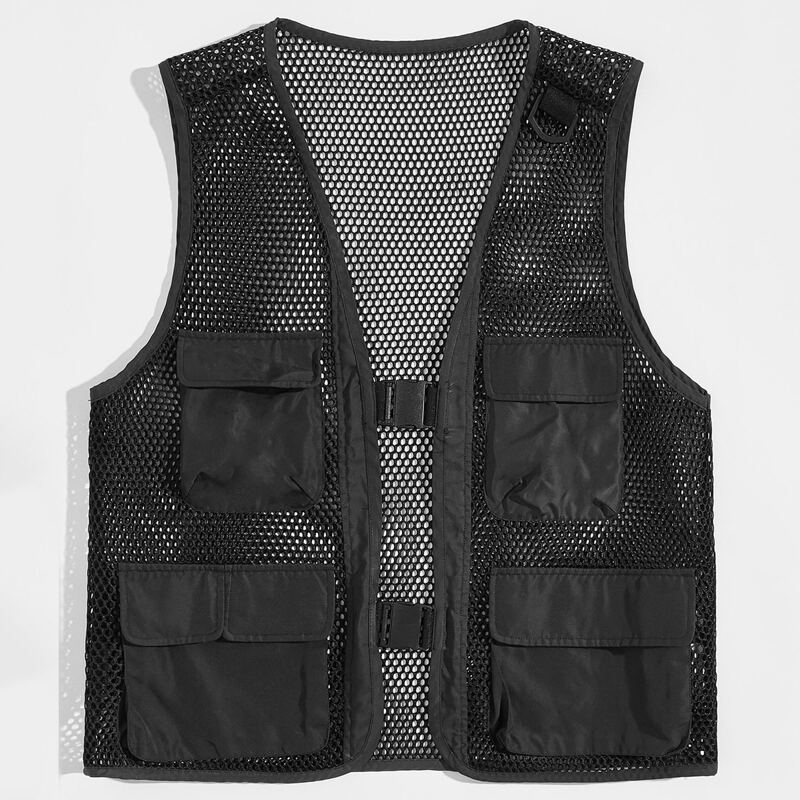 

Guys Flap Pocket Push Buckle Front Mesh Jacket Vest, Black