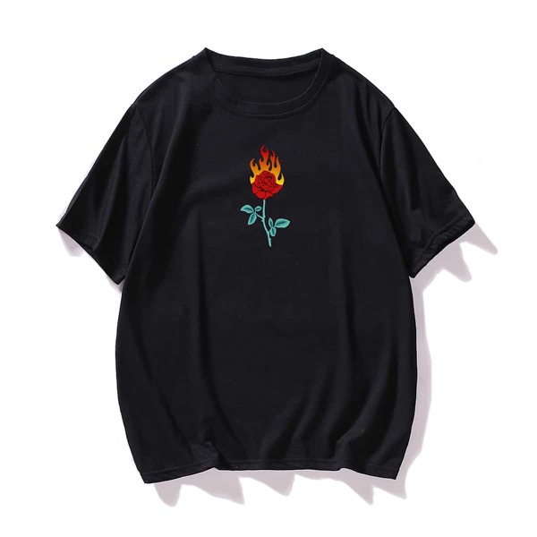 

Men Fire And Rose Print Short Sleeve Tee, Black