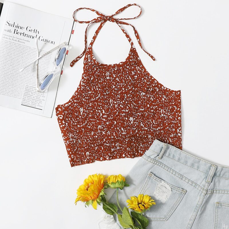 

Allover Print Shirred Halter Top, Red