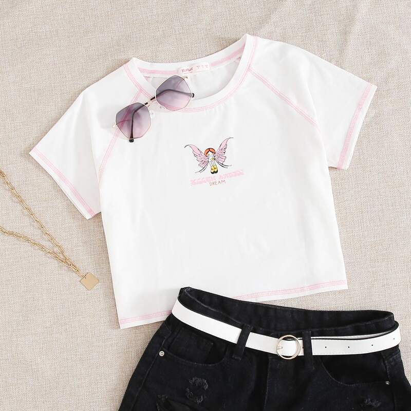 Cartoon Graphic Crop Tee, White