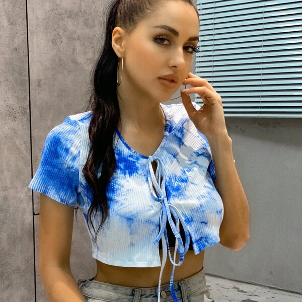 

Tie Dye Knot Front Ribbed Top, Blue and white