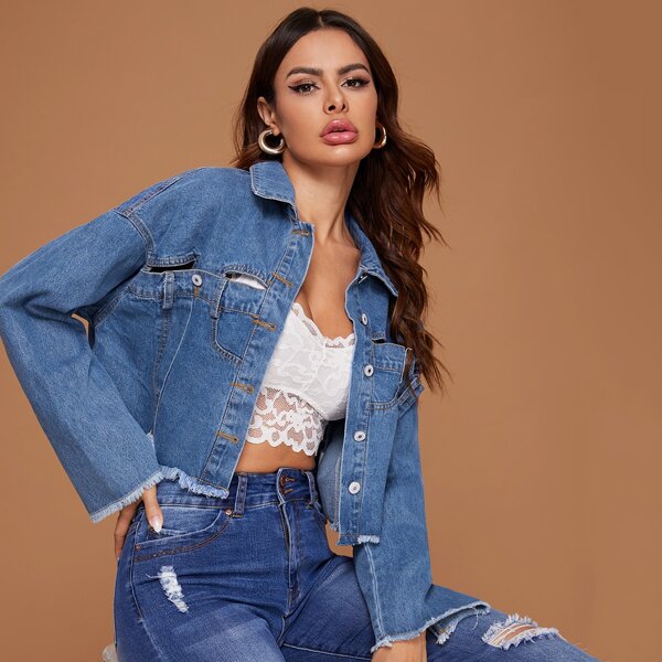 

Cut Out Raw Hem Denim Jacket, Medium wash