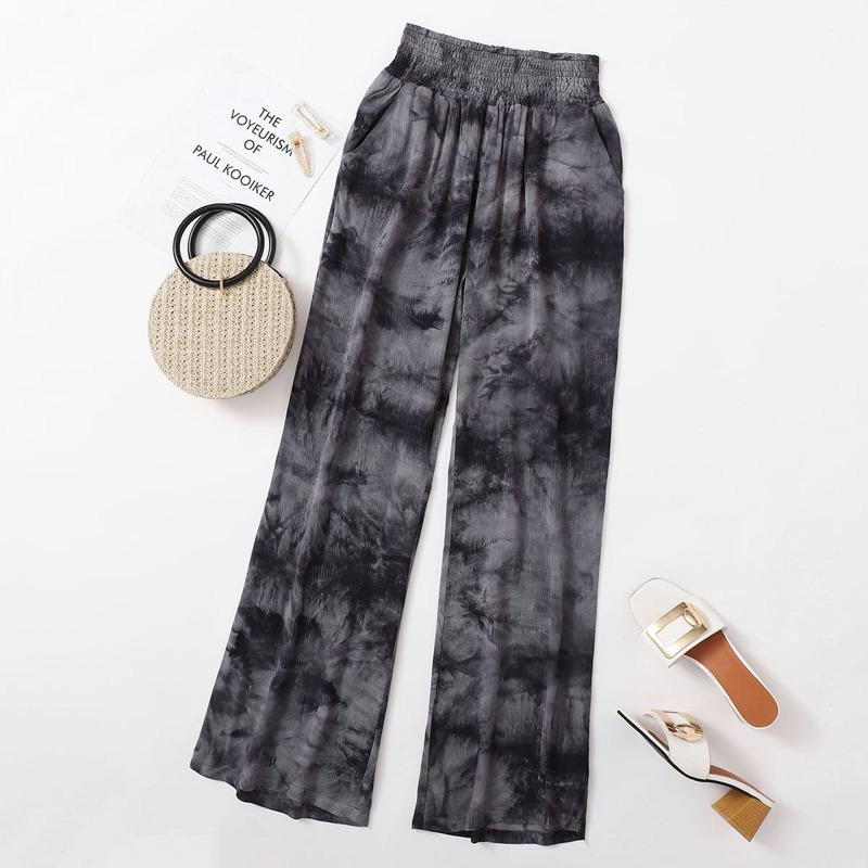 

Shirred Waist Tie Dye Pants, Navy blue