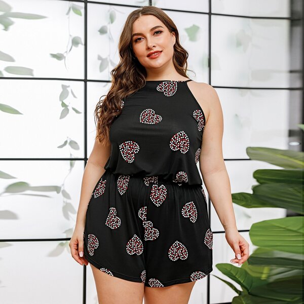 

Plus Heart Print Cami Romper, Black