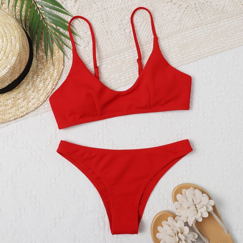 

Plain Rib Bikini Swimsuit, Red