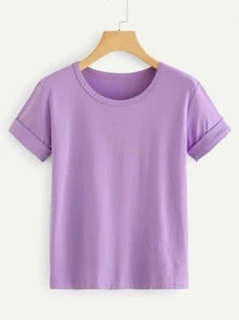 SHEIN Essnce Camiseta de manga de doblez - Lila Púrpura - Ver 1