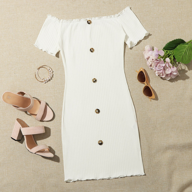 

Off Shoulder Button Front Lettuce Edge Dress, White