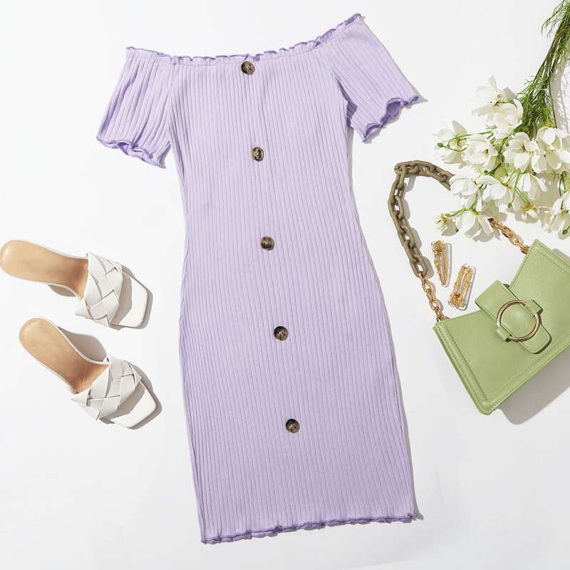 

Off Shoulder Button Front Lettuce Edge Dress, Lilac purple