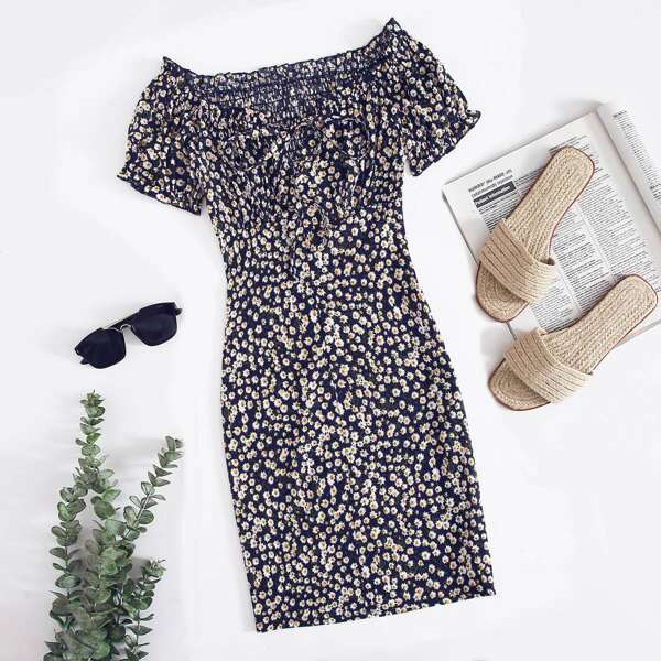 

Tied Off Shoulder Shirred Back Bodycon Dress, Navy blue