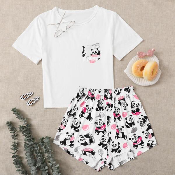 

Pocket Patched Cartoon Panda Print PJ Set, Multicolor