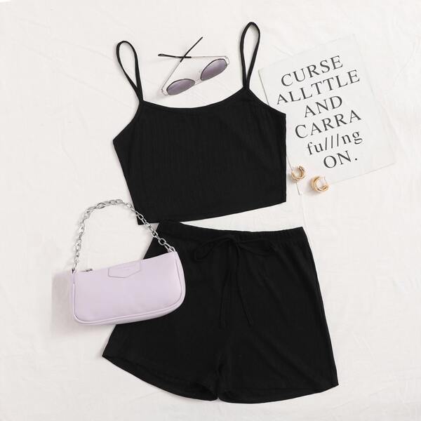 

Rib-knit Crop Cami Top & Knot Detail Shorts Set, Black