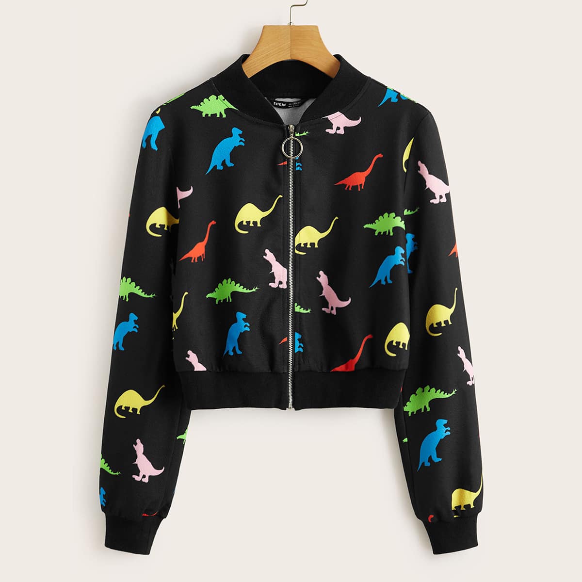 

Dinosaur Print O-ring Zipper Fly Jacket, Black