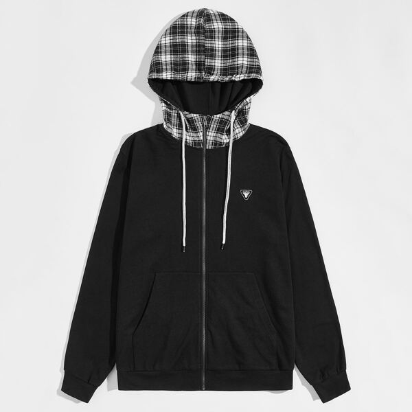 

Men Zipper Fly Patched Detail Tartan Hooded Sweatshirt, Black
