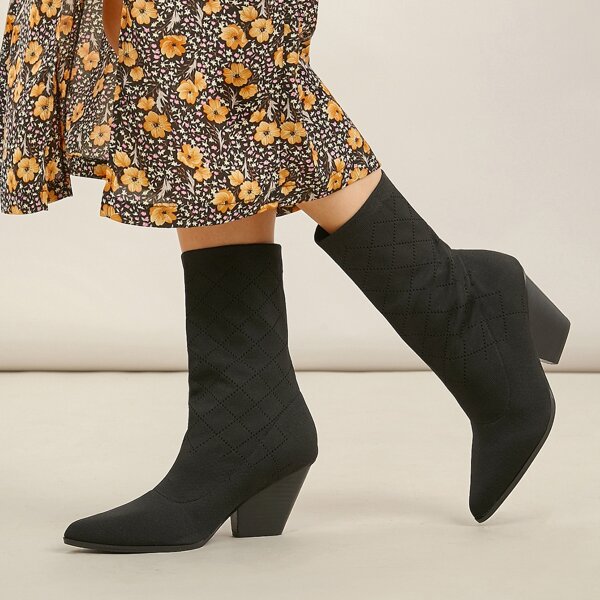 

Wedge Heel Pointed Toe Mid Calf Sock Booties, Black