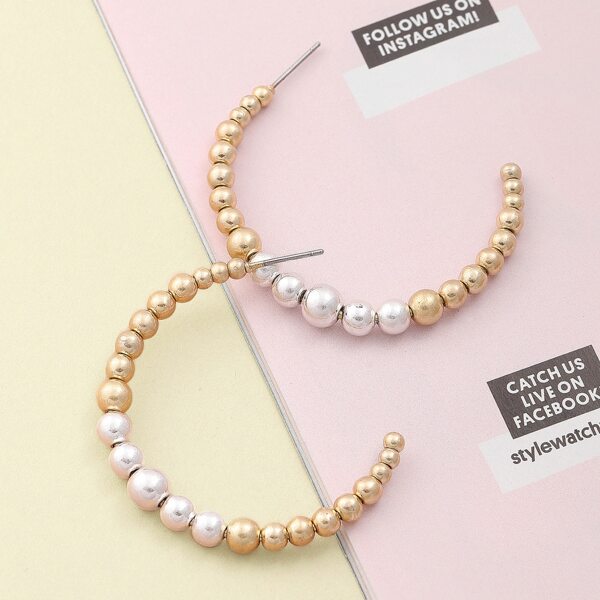 

1pair Two Tone Beaded Medium Open Hoop Earrings, Gold