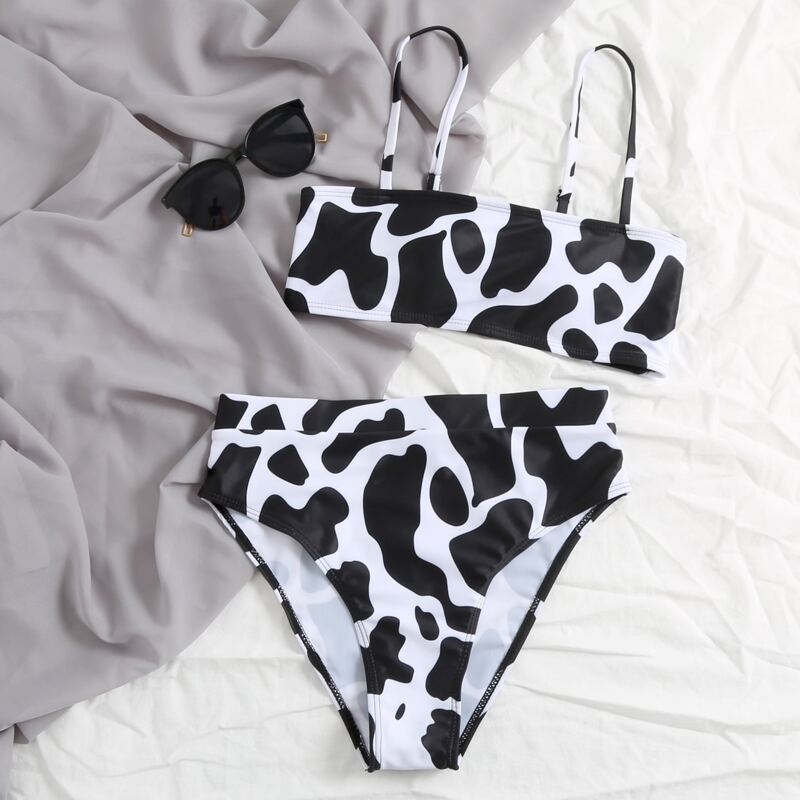 

Cow Print High Waisted Bikini Swimsuit, Black and white