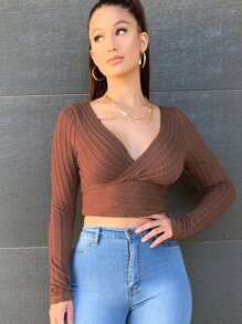 SHEIN Privé Surplice Neck Cable Knit Crop Top - Rust Brown - View 1