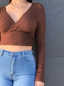 SHEIN Privé Surplice Neck Cable Knit Crop Top - Rust Brown - View 4
