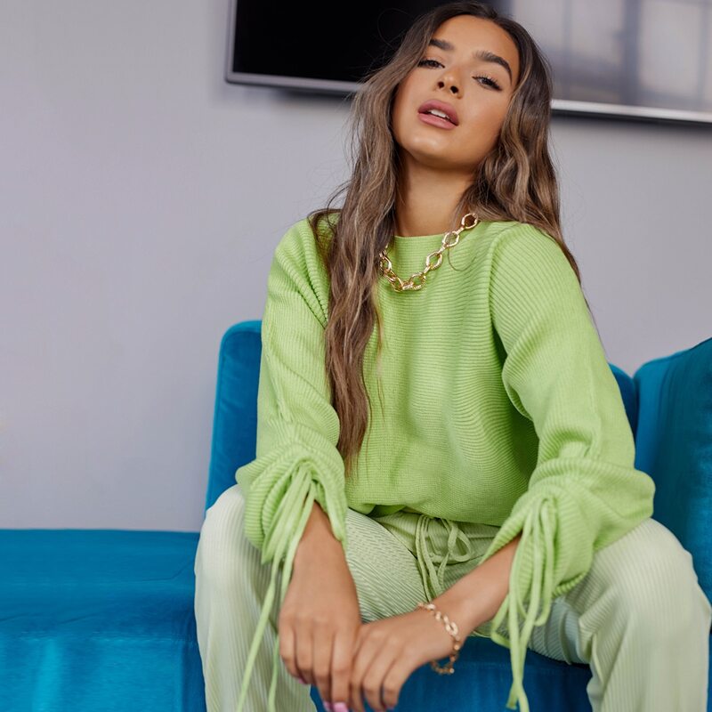 

Drawstring Ruched Sleeve Ribbed Knit Sweater, Lime green