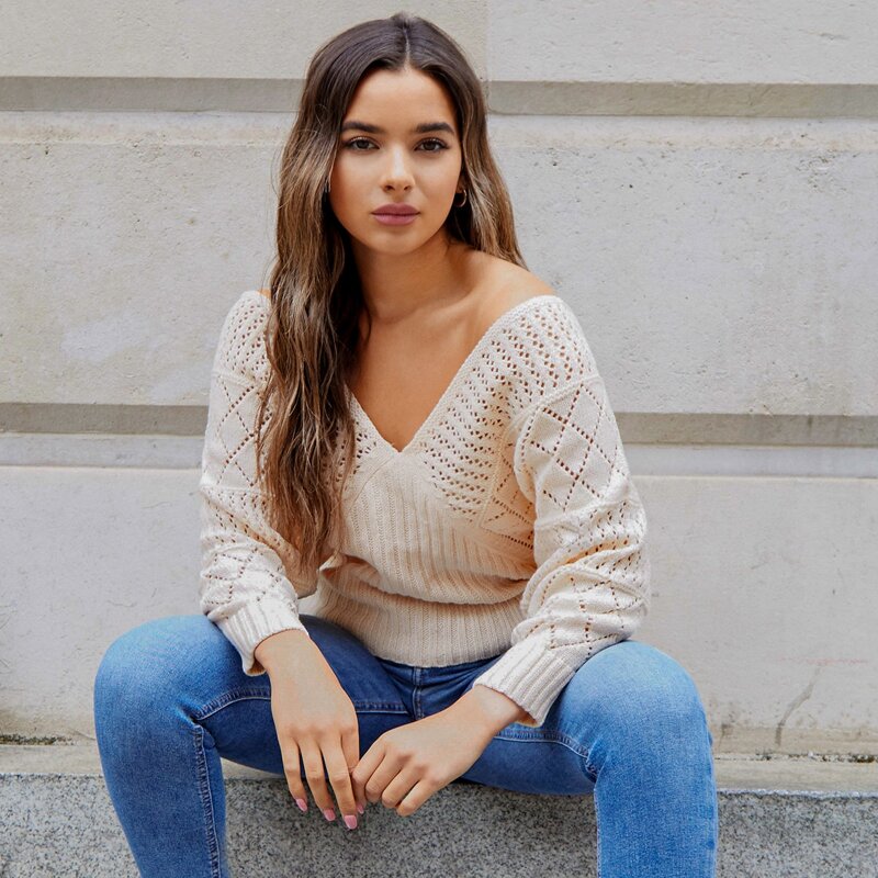 

Double V-neck Pointelle & Ribbed Knit Sweater, Beige