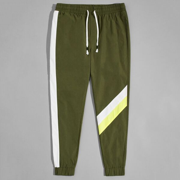 

Men Contrast Sideseam Drawstring Tapered Pants, Army green