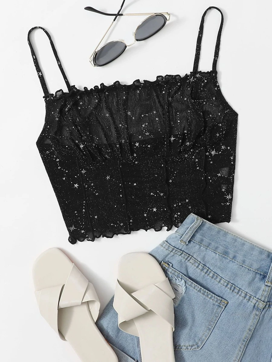 SHEIN VCAY Frill Trim Seam Front Glitter Mesh Cami Top - Black - View 1