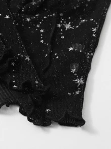 SHEIN VCAY Frill Trim Seam Front Glitter Mesh Cami Top - Black - View 3