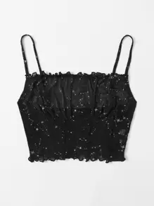 SHEIN VCAY Frill Trim Seam Front Glitter Mesh Cami Top - Black - View 4