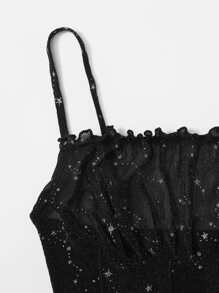 SHEIN VCAY Frill Trim Seam Front Glitter Mesh Cami Top - Black - View 5