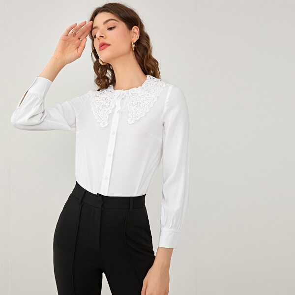 

Button Front Lace Peter Pan Collar Blouse, White