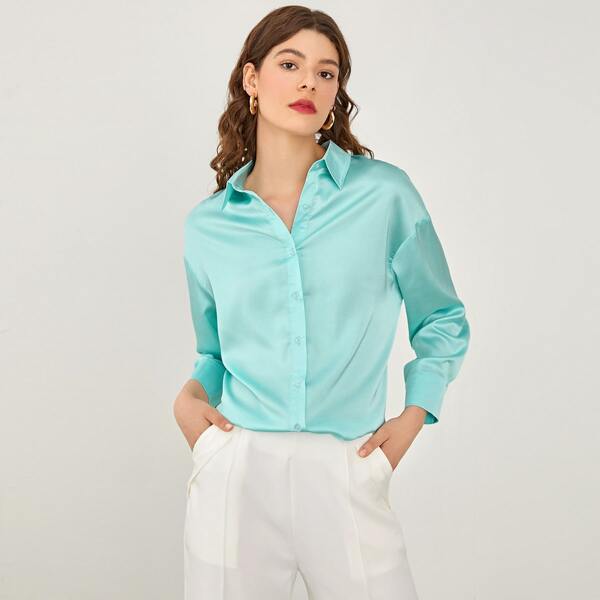 

Drop Shoulder Satin Blouse, Bright mint green