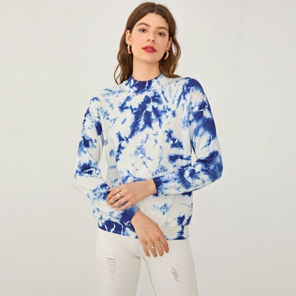 

Mock-neck Drop Shoulder Tie Dye Pullover, Blue and white