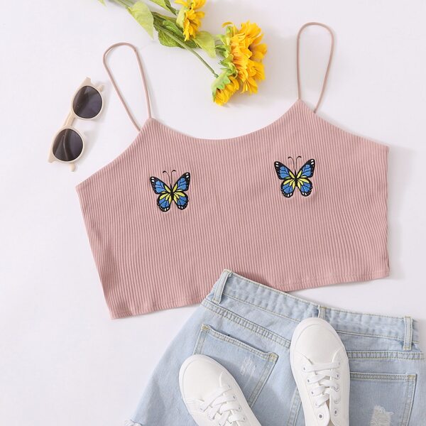 

Plus Embroidered Butterfly Rib-knit Cami Top, Dusty pink