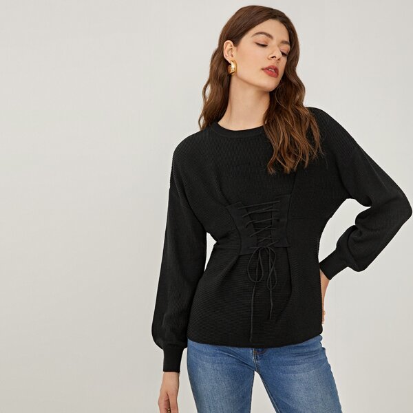 

Drop Shoulder Lace Up Waist Sweater, Black