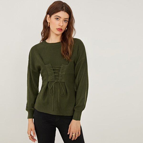 

Drop Shoulder Lace Up Waist Sweater, Army green