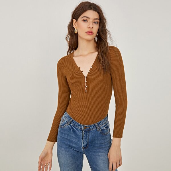 

Pearl Button Front Rib-knit Sweater, Brown