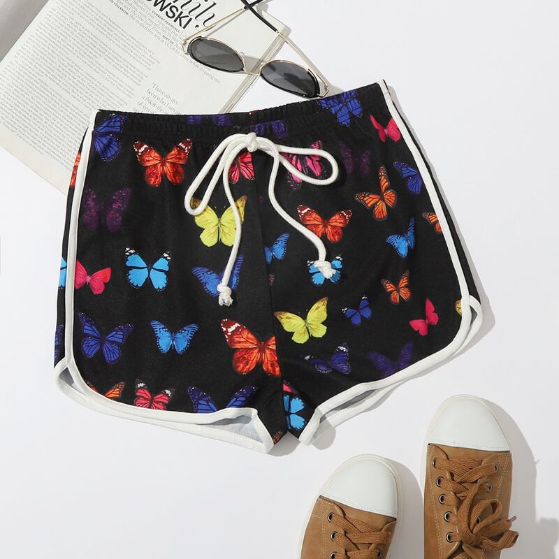 

Tie Waist Butterfly Print Track Shorts, Black
