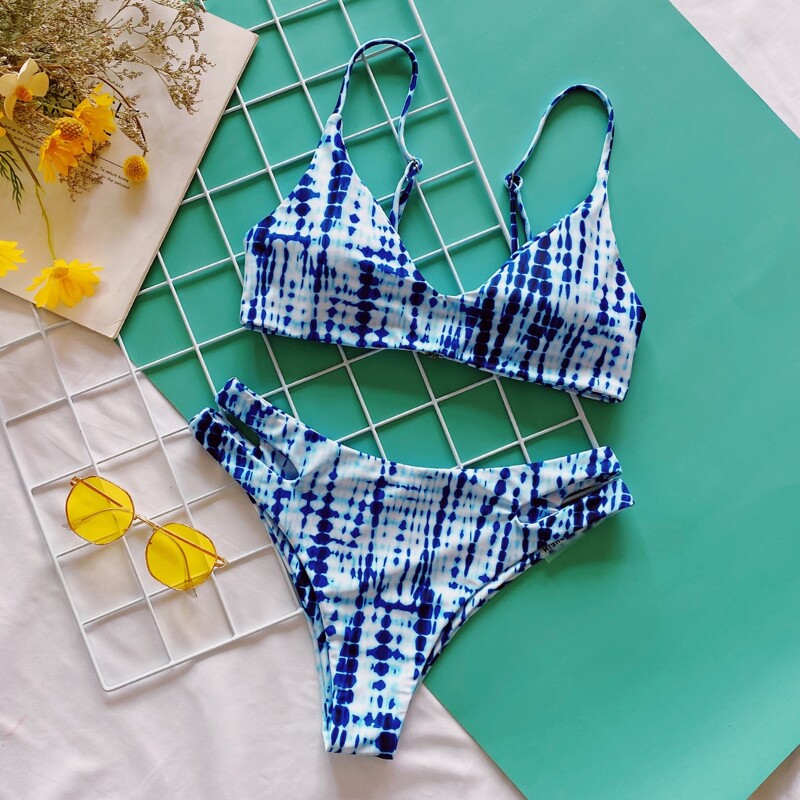 

Tie Dye Cut-out Detail Bikini Swimsuit, Blue and white