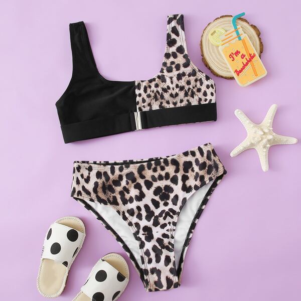 

Girls Leopard High Waisted Bikini Swimsuit, Multicolor
